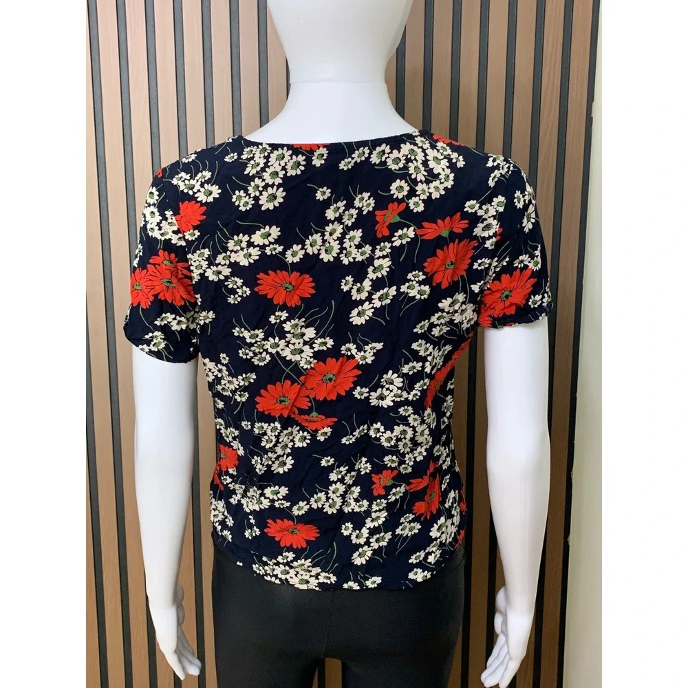 Madewell Women's XS Navy Blue Red Floral Tie V-Neck Short Sleeve Blouse Top